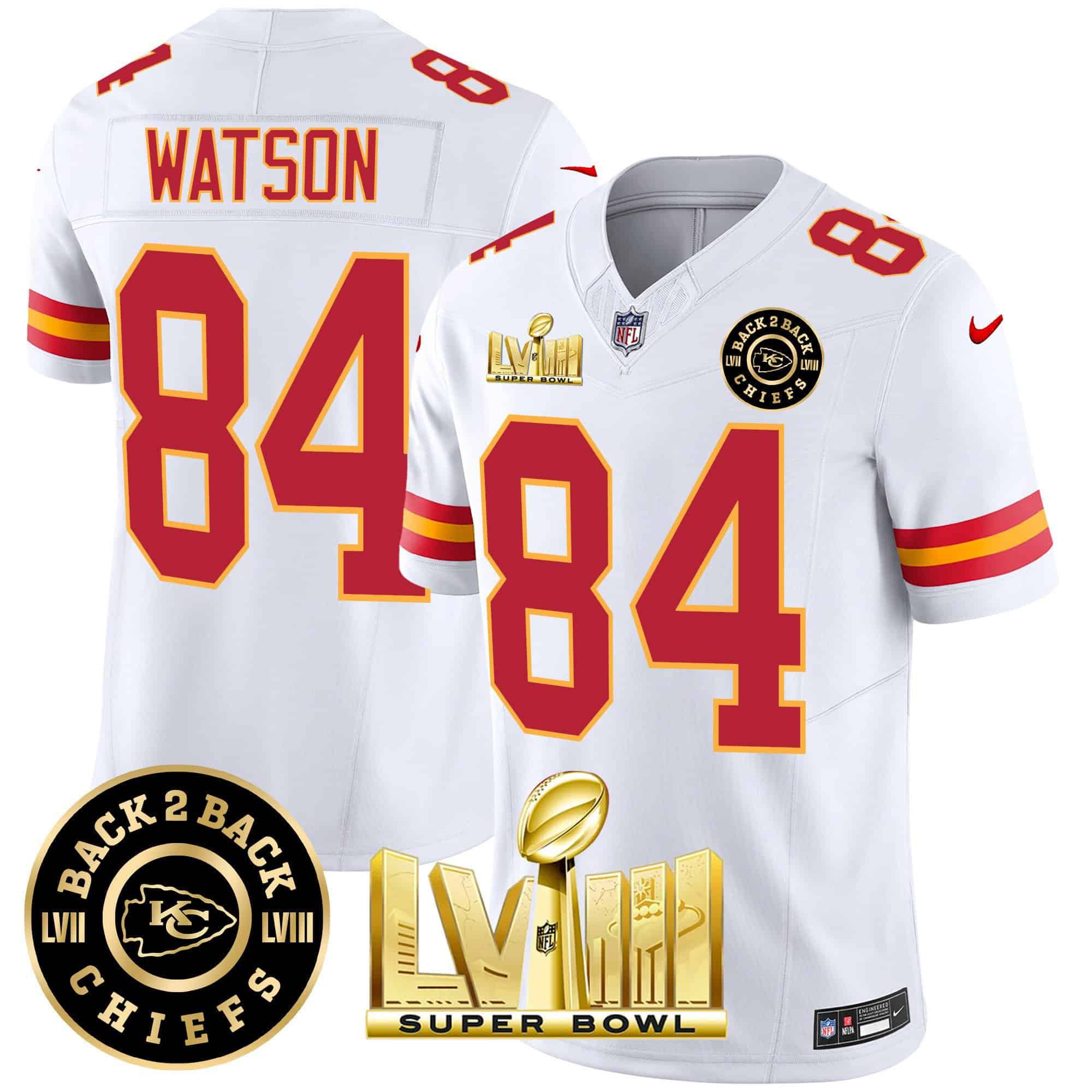 Men Kansas City Chiefs 84 Watson White 2024 Nike Super Bowl LVIII & Back 2 Back Patch Vapor NFL Jersey